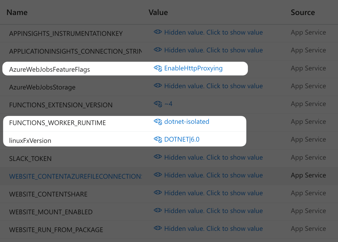 Azure functions config